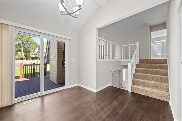 4435 Black Partridge Ln, Lisle, IL 60532 - foyer featuring wood finished floors, a chandelier, lofted ceiling, baseboards, and stairway