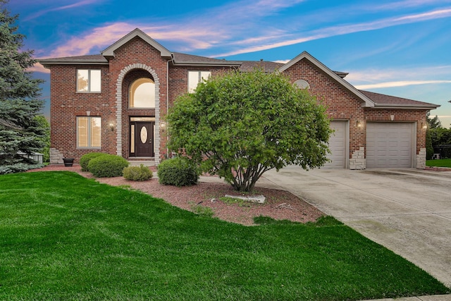 22665 Joshua Dr, Frankfort, IL 60423 - traditional-style home with brick siding, concrete driveway, a yard, an attached garage, and roof with shingles
