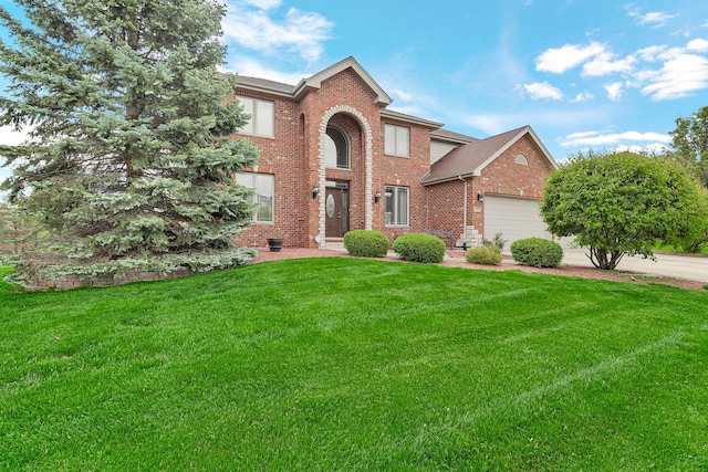 22665 Joshua Dr, Frankfort, IL 60423 - traditional-style home with brick siding, a front yard, a garage, and driveway