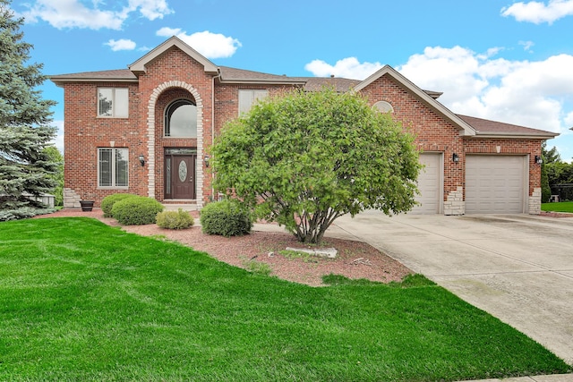 22665 Joshua Dr, Frankfort, IL 60423 - traditional-style home featuring brick siding, a front yard, concrete driveway, an attached garage, and roof with shingles