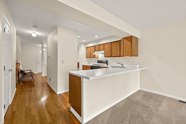 358 Bristol Ln, Fox River Grove, IL 60021 - kitchen featuring range with gas cooktop, under cabinet range hood, a sink, brown cabinets, and baseboards