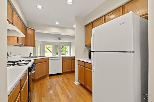 358 Bristol Ln, Fox River Grove, IL 60021 - kitchen with white appliances, under cabinet range hood, recessed lighting, light wood-style floors, and a sink