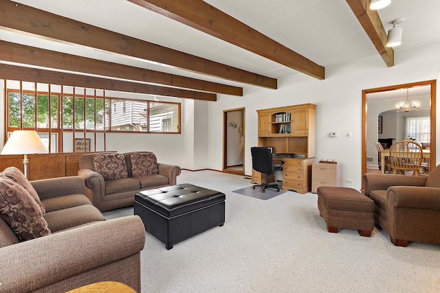 1144 Leavitt Ave, Flossmoor, IL 60422 - living area featuring a chandelier, an office area, beamed ceiling, and baseboards