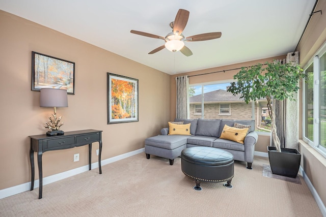 831 W Marywood Ave, Aurora, IL 60505 - living area with a ceiling fan, light carpet, and baseboards