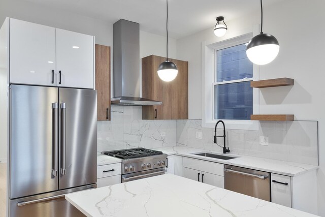 2417 W Walton St Unit 3, Chicago, IL 60622 - kitchen with premium appliances, a sink, wall chimney range hood, modern cabinets, and open shelves