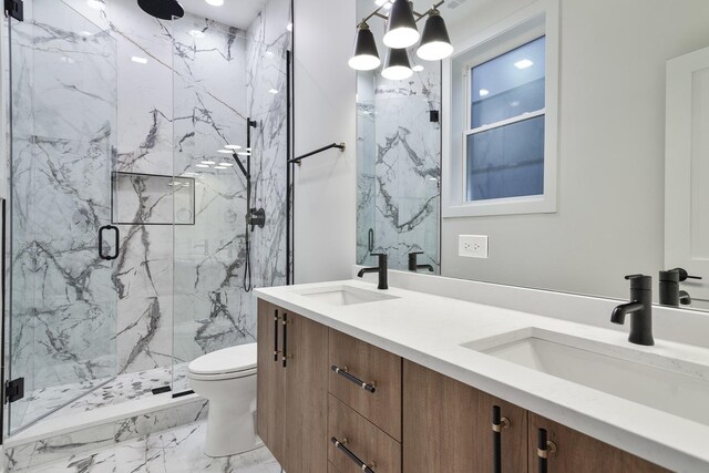 2417 W Walton St Unit 3, Chicago, IL 60622 - full bathroom featuring marble look tiles, a marble finish shower, toilet, and double vanity