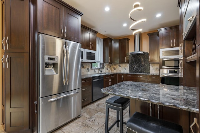 415 Honey Locust Ln, Willowbrook, IL 60527 - kitchen with stainless steel fridge with ice dispenser, dishwasher, wall chimney exhaust hood, a sink, and decorative backsplash