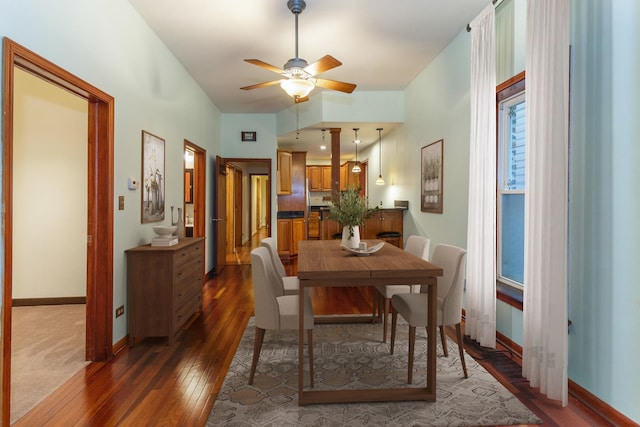 4419 S Wallace St, Chicago, IL 60609 - dining area with dark wood-type flooring, baseboards, a ceiling fan, lofted ceiling, and plenty of natural light