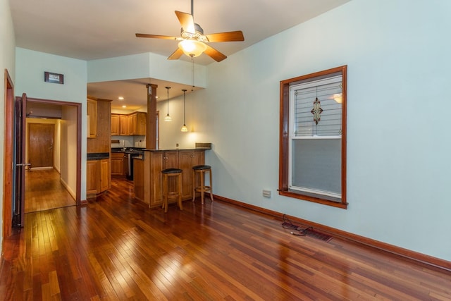 4419 S Wallace St, Chicago, IL 60609 - kitchen with brown cabinetry, dark countertops, a peninsula, dark wood-style floors, and a kitchen bar