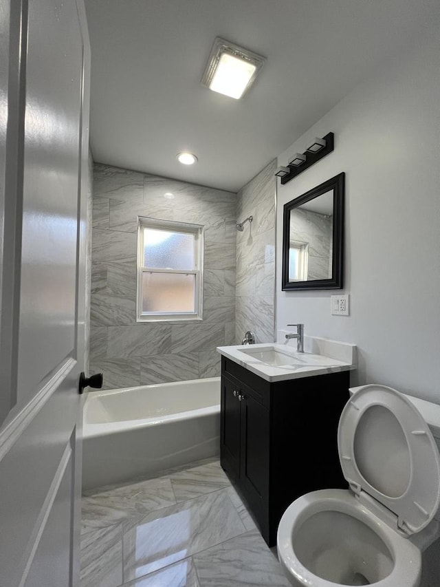 bathroom with vanity, toilet, bathing tub / shower combination, marble look tiles, and recessed lighting