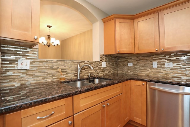 1437 Sturgeon Bay Ct, Schaumburg, IL 60173 - kitchen with dishwasher, a sink, dark stone counters, decorative backsplash, and a chandelier
