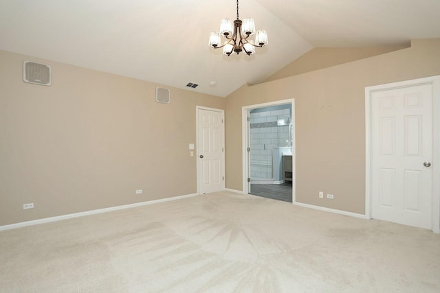 1437 Sturgeon Bay Ct, Schaumburg, IL 60173 - unfurnished bedroom featuring lofted ceiling, a chandelier, carpet, baseboards, and connected bathroom