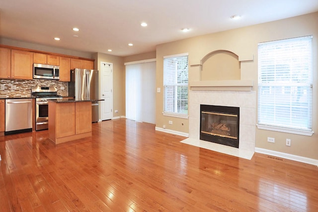 1437 Sturgeon Bay Ct, Schaumburg, IL 60173 - kitchen with stainless steel appliances, open floor plan, light wood-style flooring, a fireplace, and recessed lighting