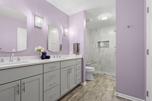 538 Pembrook Ct S, Crystal Lake, IL 60014 - full bath featuring toilet, double vanity, a shower stall, and wood finished floors