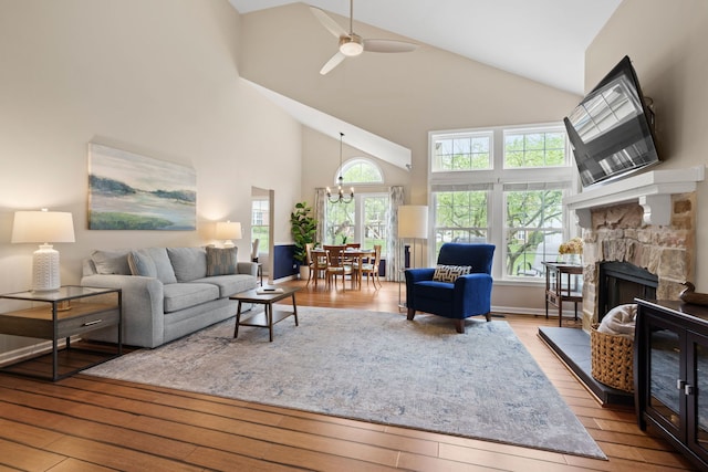 538 Pembrook Ct S, Crystal Lake, IL 60014 - living area featuring high vaulted ceiling, hardwood / wood-style flooring, a chandelier, healthy amount of natural light, and ceiling fan