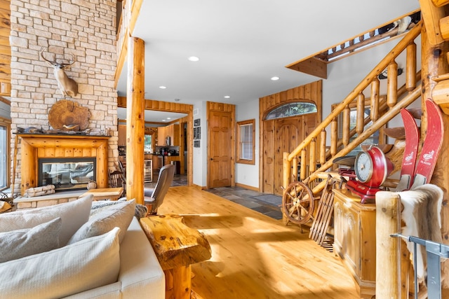 10A52 Cardinal Ct, Apple River, IL 61001 - living room with wood finished floors, a fireplace, and recessed lighting