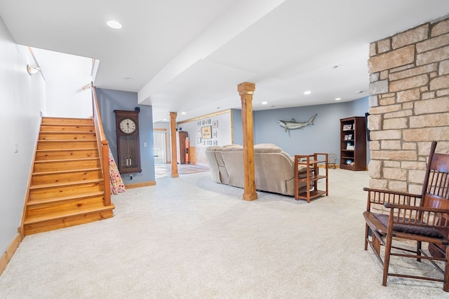 10A52 Cardinal Ct, Apple River, IL 61001 - living room with carpet floors, stairway, baseboards, and recessed lighting