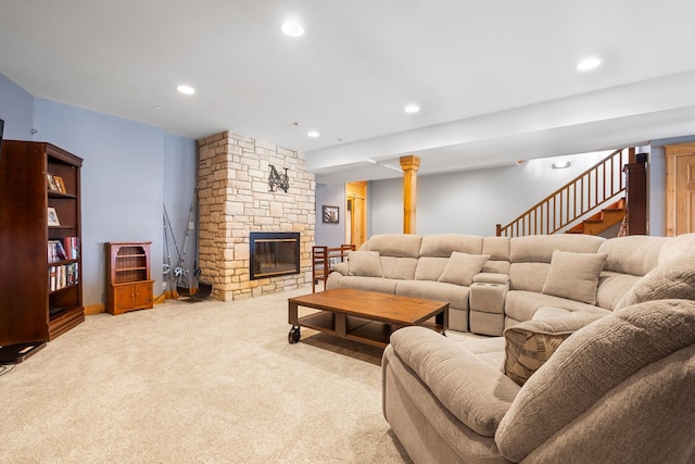 10A52 Cardinal Ct, Apple River, IL 61001 - living room featuring recessed lighting, carpet floors, stairs, and a stone fireplace