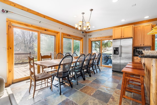 10A52 Cardinal Ct, Apple River, IL 61001 - dining space with stone tile floors, recessed lighting, and a chandelier
