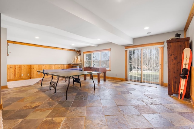 10A52 Cardinal Ct, Apple River, IL 61001 - rec room with stone tile floors, baseboards, wood walls, recessed lighting, and a wainscoted wall