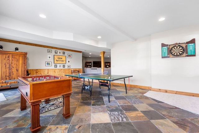 10A52 Cardinal Ct, Apple River, IL 61001 - game room with ornate columns, stone tile flooring, wood walls, wainscoting, and recessed lighting