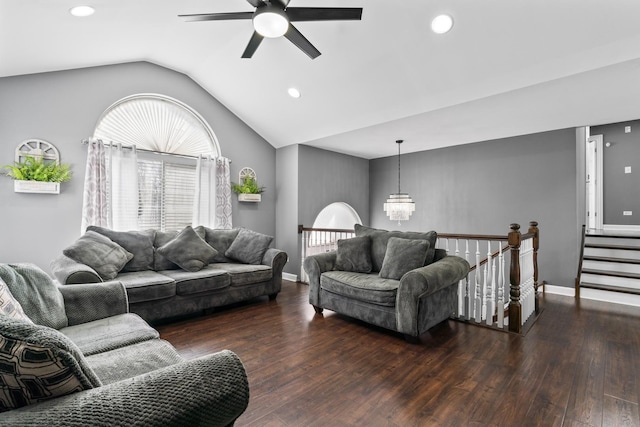 17408 Fisk Ave, East Hazel Crest, IL 60429 - living room with a ceiling fan, wood finished floors, lofted ceiling, a chandelier, and plenty of natural light