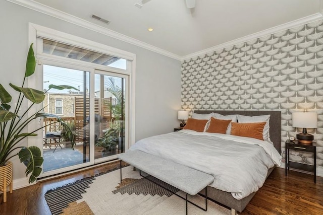 742 N Ada St Unit 3S, Chicago, IL 60642 - bedroom featuring access to outside, crown molding, and wood finished floors