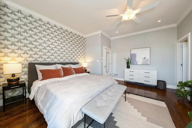 742 N Ada St Unit 3S, Chicago, IL 60642 - bedroom featuring baseboards, wood finished floors, an accent wall, recessed lighting, and crown molding
