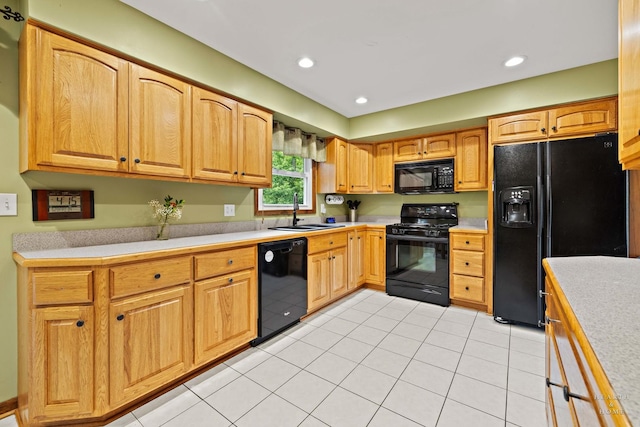 1103 Hillcrest Ave, Fox River Grove, IL 60021 - kitchen with black appliances, a sink, light countertops, light tile patterned flooring, and recessed lighting