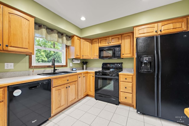 1103 Hillcrest Ave, Fox River Grove, IL 60021 - kitchen featuring black appliances, a sink, light countertops, light tile patterned flooring, and recessed lighting