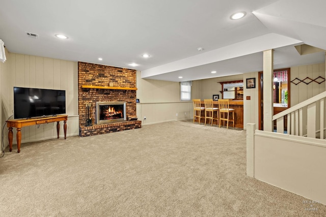 1103 Hillcrest Ave, Fox River Grove, IL 60021 - living room with a bar, carpet floors, a fireplace, and recessed lighting