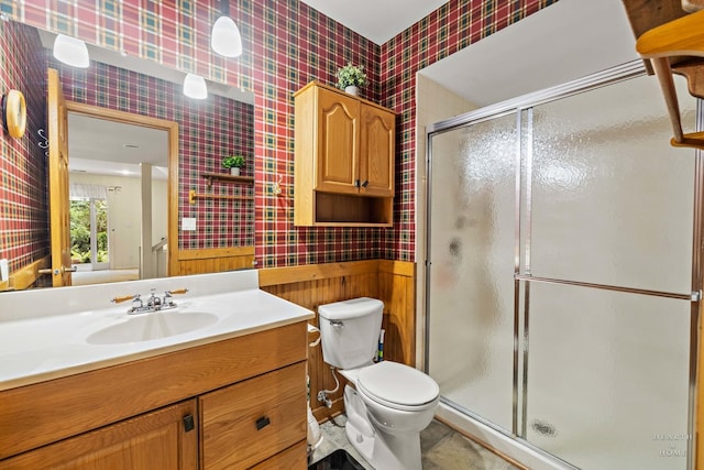 1103 Hillcrest Ave, Fox River Grove, IL 60021 - full bathroom featuring wallpapered walls, vanity, a stall shower, and toilet