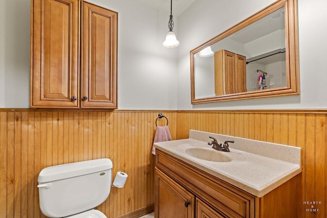 1103 Hillcrest Ave, Fox River Grove, IL 60021 - bathroom with a wainscoted wall, vanity, toilet, and wood walls