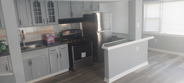 10324 S Eberhart Ave, Chicago, IL 60628 - kitchen featuring appliances with stainless steel finishes, under cabinet range hood, backsplash, gray cabinetry, and dark wood-style flooring