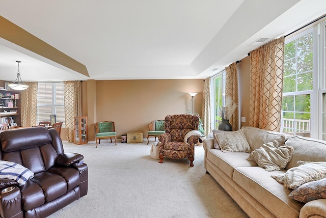 13538 Lehigh St, Huntley, IL 60142 - living room featuring carpet floors and a raised ceiling