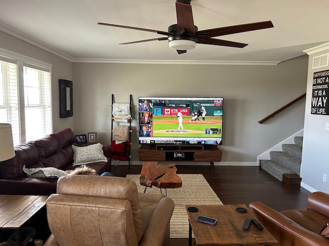 981 W Forsyth Rd, Forsyth, IL 62535 - living area featuring a ceiling fan, wood finished floors, crown molding, stairs, and baseboards