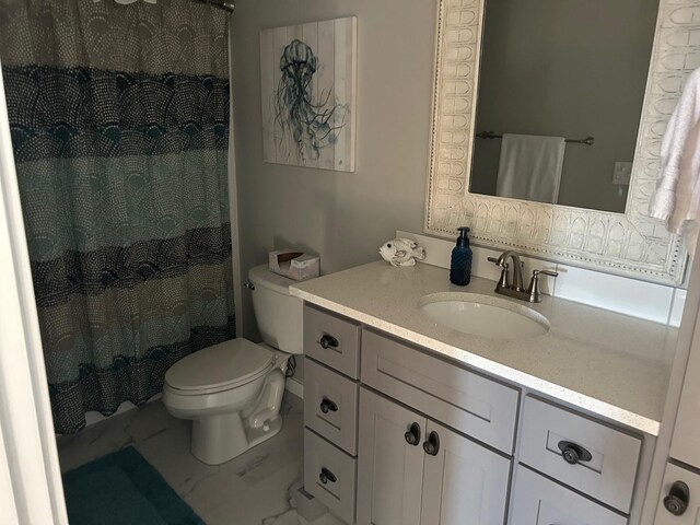 981 W Forsyth Rd, Forsyth, IL 62535 - bathroom with toilet, vanity, marble finish floors, and curtained shower