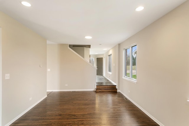 22429 Karlov Ave, Richton Park, IL 60471 - empty room with dark wood finished floors, recessed lighting, baseboards, and stairs