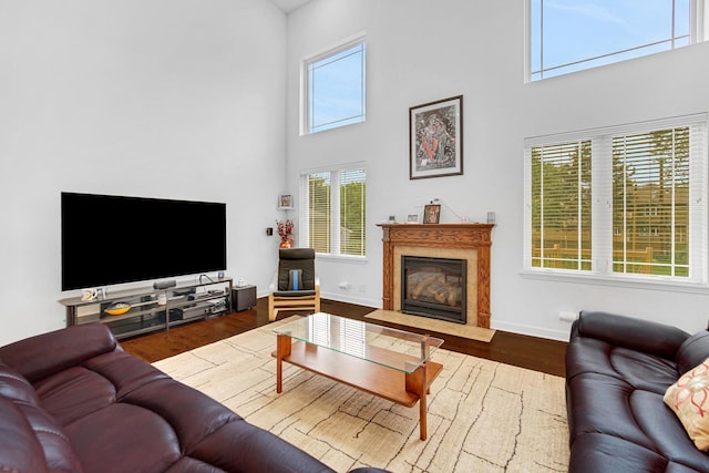 731 W Kenilworth Ave, Palatine, IL 60067 - living area featuring a high ceiling, a fireplace with flush hearth, wood finished floors, and baseboards