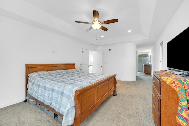 731 W Kenilworth Ave, Palatine, IL 60067 - bedroom with a raised ceiling, light colored carpet, baseboards, recessed lighting, and ceiling fan