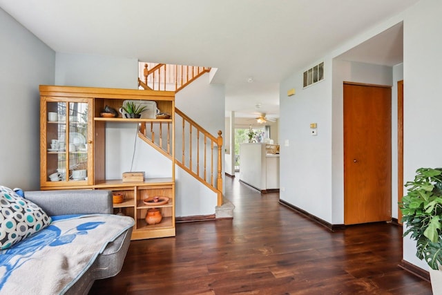 5 Crimson Ct, Lake In The Hills, IL 60156 - living room featuring wood finished floors, stairway, ceiling fan, and baseboards