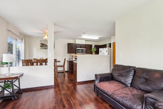 5 Crimson Ct, Lake In The Hills, IL 60156 - living room with dark wood finished floors, a ceiling fan, and baseboards