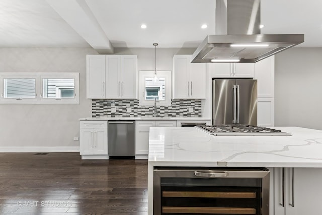 3125 S Giles Ave, Chicago, IL 60616 - kitchen with stainless steel appliances, island exhaust hood, wine cooler, a sink, and dark wood finished floors