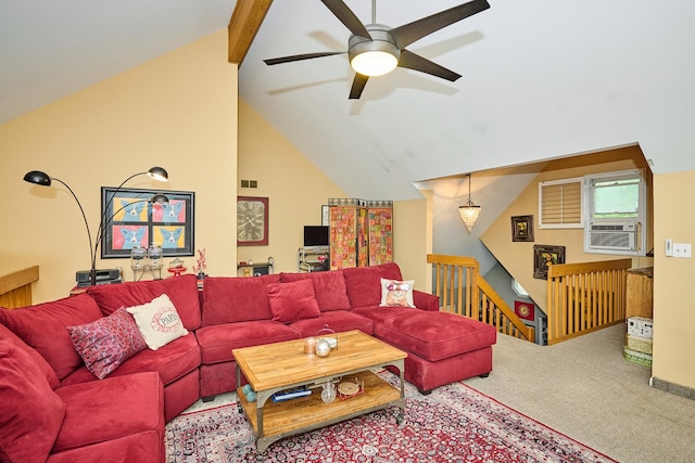 202 Country Ln Unit 202, Des Plaines, IL 60016 - carpeted living room featuring a ceiling fan, cooling unit, beam ceiling, and high vaulted ceiling