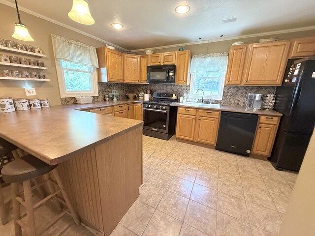 202 17th Ave, Sterling, IL 61081 - kitchen with black appliances, crown molding, a peninsula, a sink, and tasteful backsplash