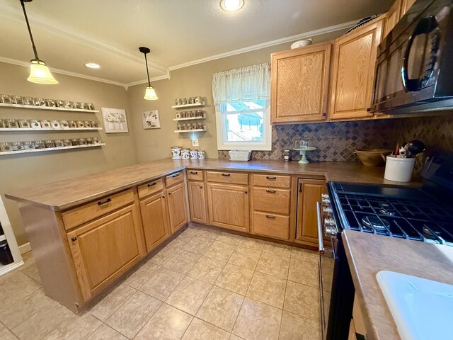 202 17th Ave, Sterling, IL 61081 - kitchen featuring black microwave, range with gas cooktop, crown molding, backsplash, and a peninsula