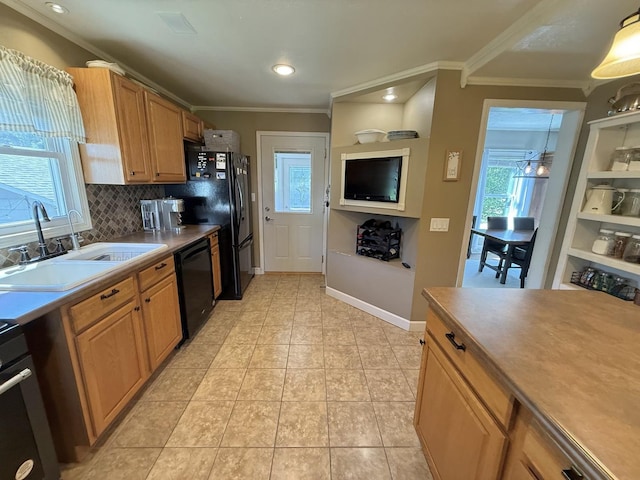 202 17th Ave, Sterling, IL 61081 - kitchen featuring black appliances, a sink, crown molding, tasteful backsplash, and light tile patterned floors