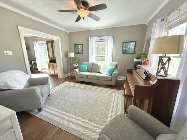 202 17th Ave, Sterling, IL 61081 - living area featuring wood finished floors, ornamental molding, ceiling fan, and baseboards