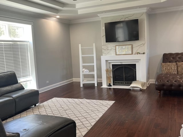 18609 Pinon Trl, Marengo, IL 60152 - living room featuring hardwood / wood-style flooring, a raised ceiling, baseboards, a fireplace with flush hearth, and ornamental molding