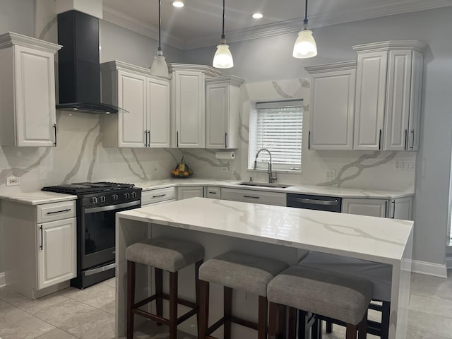 18609 Pinon Trl, Marengo, IL 60152 - kitchen with wall chimney exhaust hood, black range with gas cooktop, a sink, dishwasher, and a breakfast bar area
